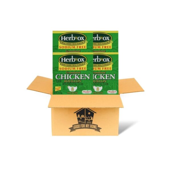 Granulated Chicken Bouillon Bundle. Includes Four 1x2 Oz 8ct each Box of Herb Ox Chicken Bouillon Flavored Seasoning. Gluten Free and Sodium Free Chicken Bouillon. Comes with a Good For My Home Box!